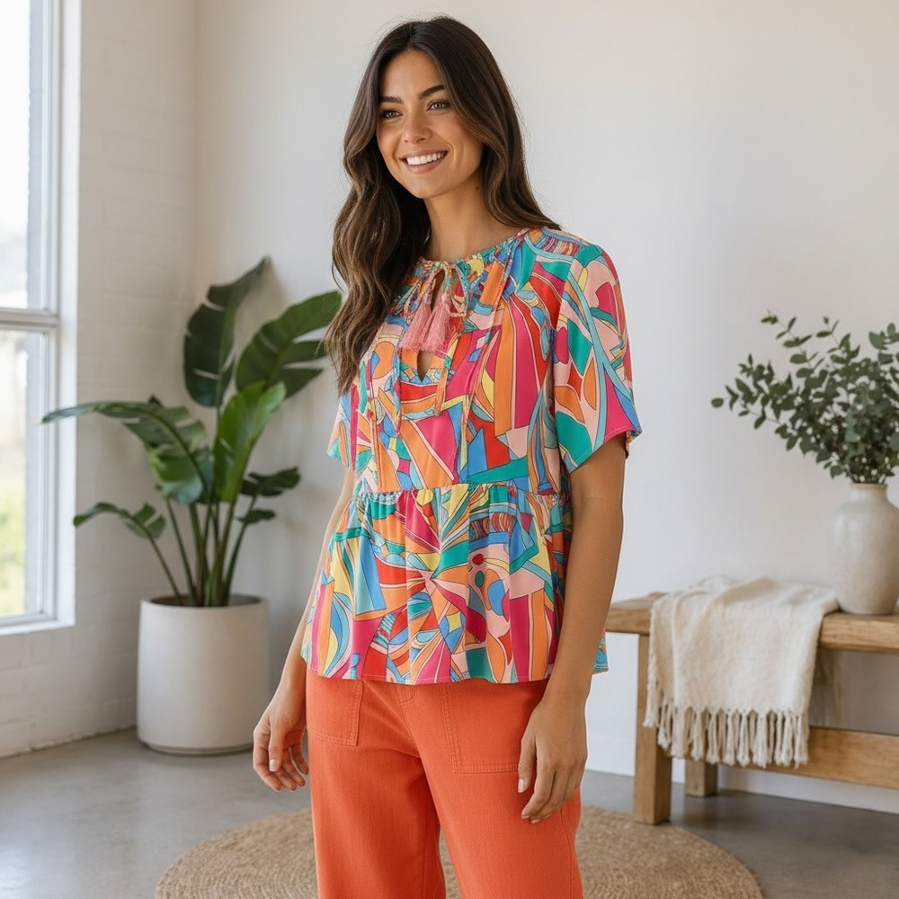 Abstract Boho Tassel Blouse M Lee Relaxed Fit Coral Pants Bundle Colorful Artsy